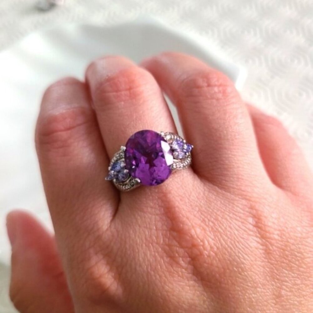 Vintage Boho Chunky Sterling Silver Purple Amethyst Tanzanite Oval Crystal Ring - Picture 7 of 8